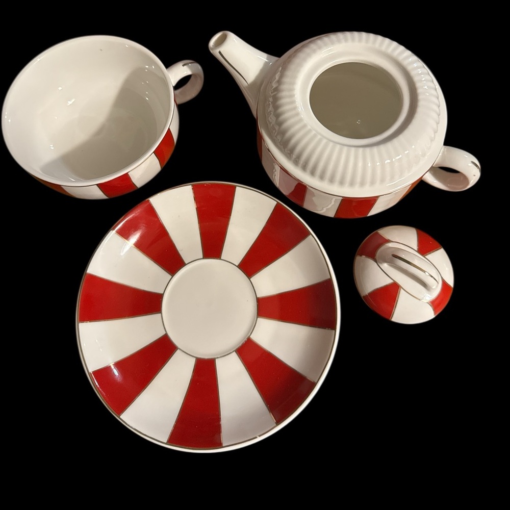 Red/White Striped Peppermint Grace Teaware Teapot set for one!(3-P) - Picture 4 of 7
